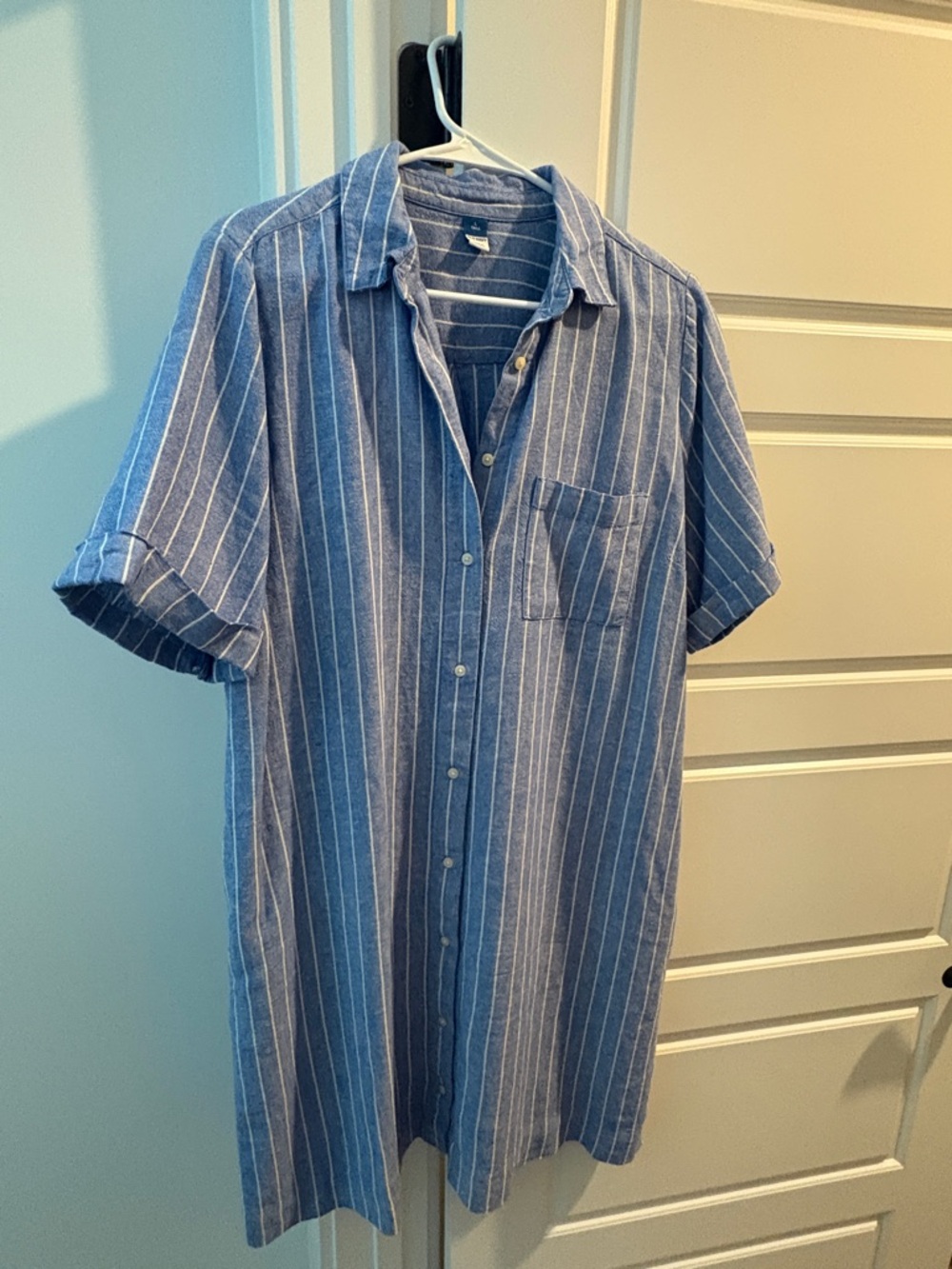 Women’s Blue Striped Linen Short-Sleeve Button-Up Shirt Dress